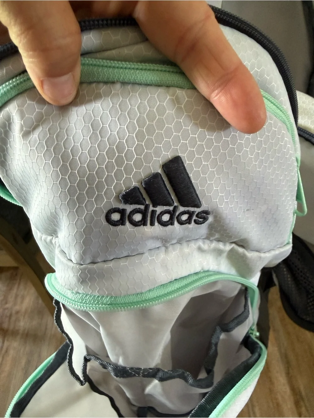 adidas Gray and White Backpack - Front-Opening Design